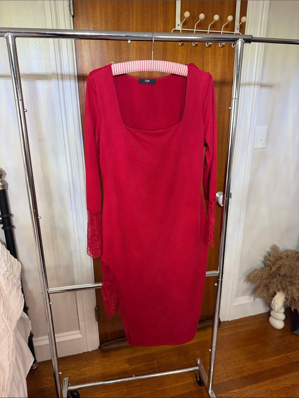 CBR Fuchsia Lace-Cuff Square Neck Midi Dress